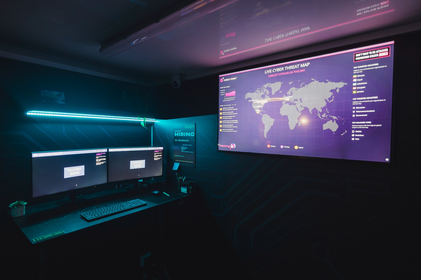 Live cyber threat map on the wall screen
